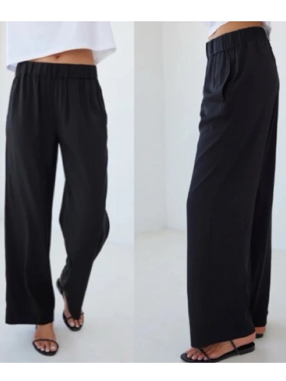 AYR All Year Round The Voila Pants Black Silk Blend Pull On Straight Leg-Medium